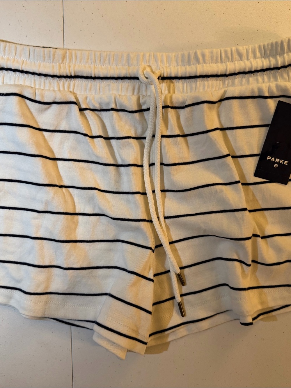 Parke Drawstring Knit Pull On White Shorts with Navy Stripes